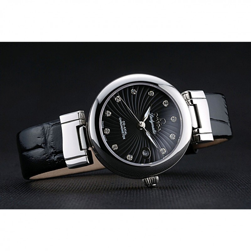 Cheap Replica Watches Omega Ladymatic Black Dial Black Leather Bracelet 622458-3