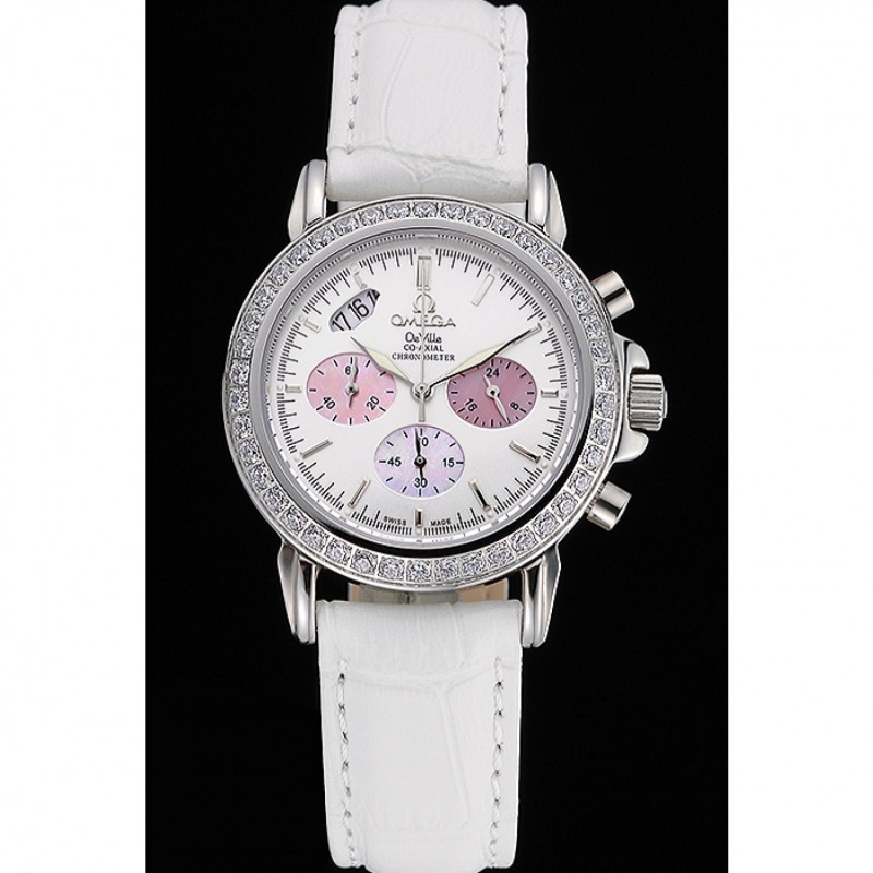 Best Omega De Ville Chronograph White Dial Stainless Steel Diamond Case White Leather Bracelet 622453-1