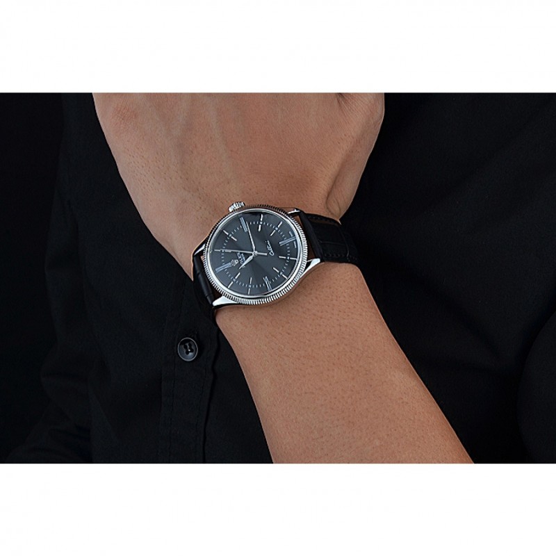 Swiss Rolex Cellini Time Silver Case Black Dial Black Leather Bracelet 622654-8