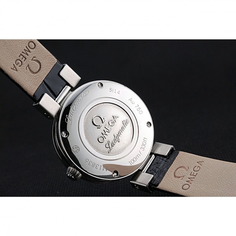Cheap Replica Watches Omega Ladymatic Black Dial Black Leather Bracelet 622458-7