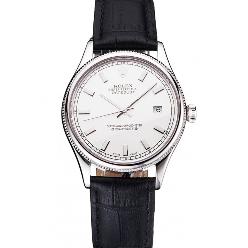 Swiss Rolex Datejust White Dial Stainless Steel Case Black Leather Strap-0