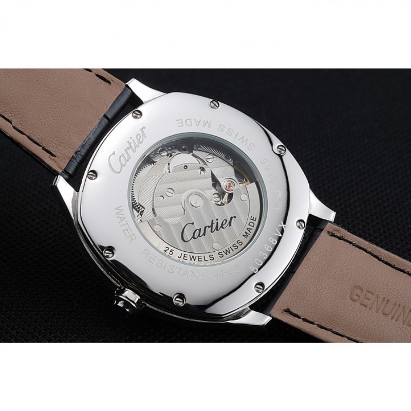 Cartier Drive De Cartier White Dial Silver Diamond Case Black Leather Bracelet 1454215-5