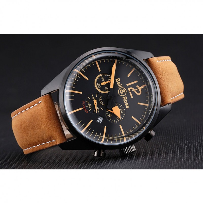Bell and Ross BR126 Flyback Black Dial Black Case Gold Numerals Brown Suede Leather Strap-4