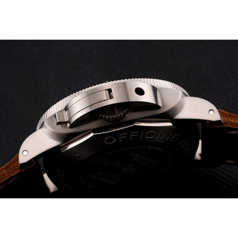 High End Swiss Panerai Submersible Left Handed Black Embossed Case Stainless Steel Case Brown Leather Strap-8