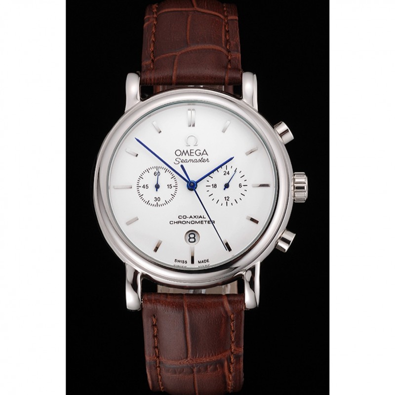 Omega Seamaster Vintage Chronograph White Dial Stainless Steel Case Brown Leather Strap-1