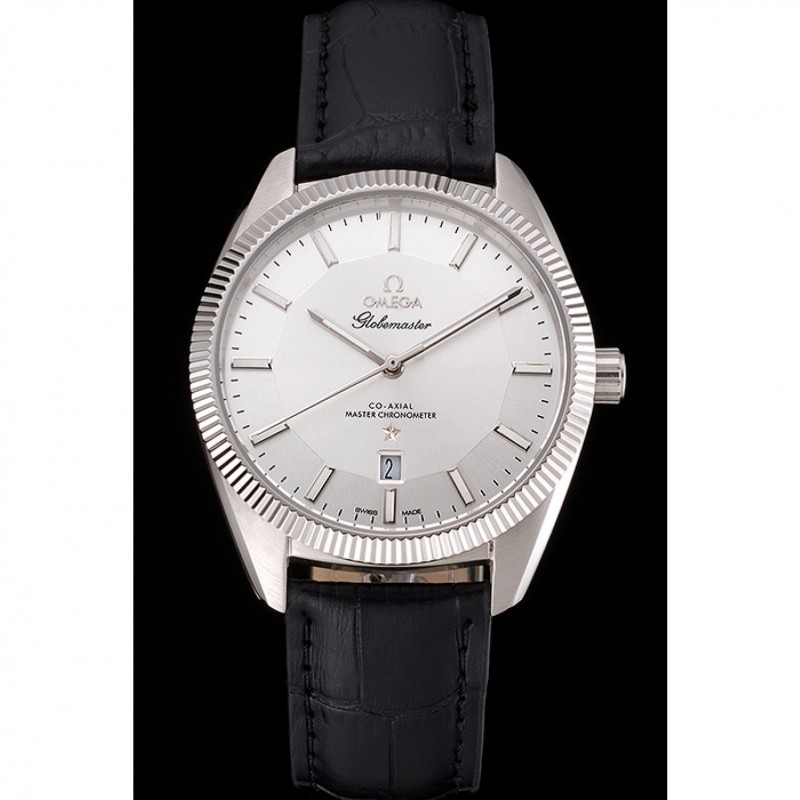 Cheap Omega Globemaster Silver Dial Stainless Steel Case Black Leather Strap-1