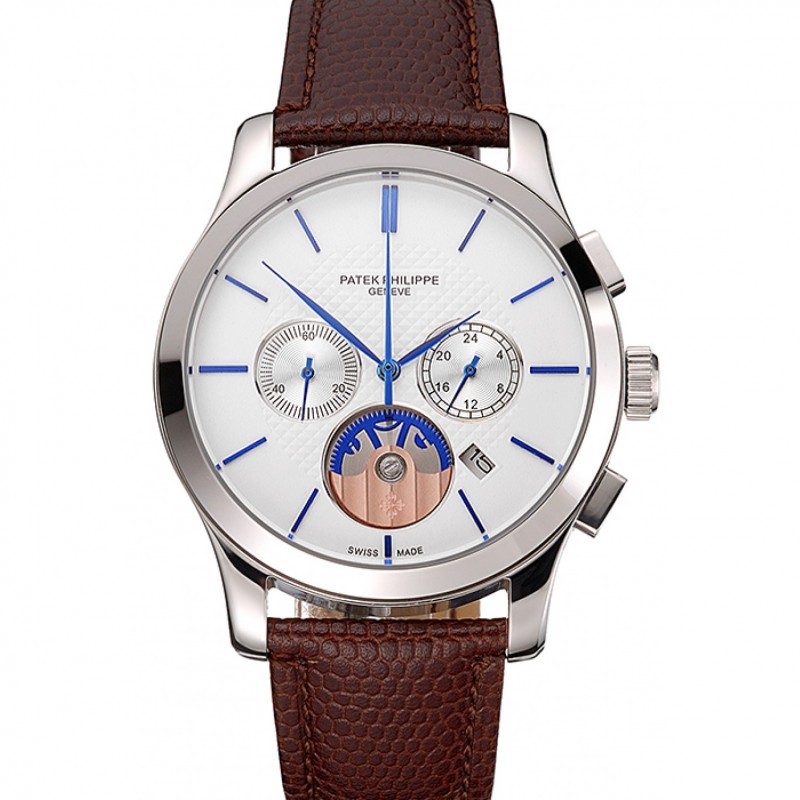 AAA Patek Philippe Chronograph White Dial Blue Hands Stainless Steel Case Brown Leather Strap-0