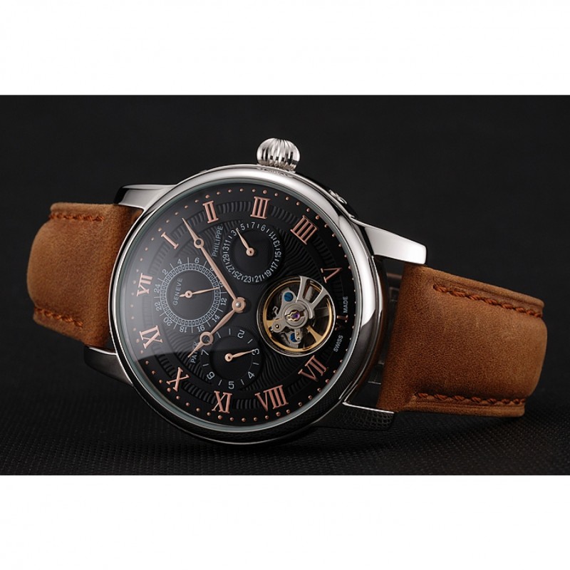 Patek Philippe Grand Complications Day Date Tourbillon Black Dial Rose Gold Numerals Stainless Steel Case Brown Suede Leather Strap 1453815-3