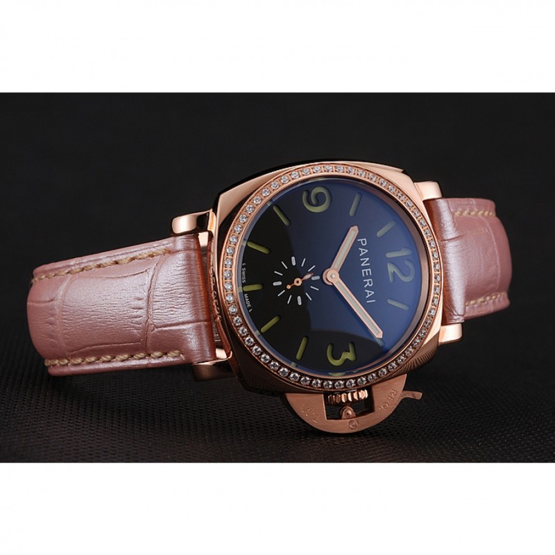 Panerai Radiomir Black Dial Diamond Bezel Rose Gold Case Pink Leather Strap 1453801-4