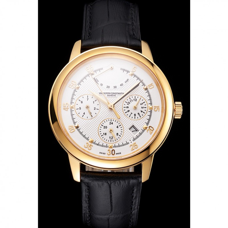 Swiss Vacheron Constantin Traditionnelle Power Reserve White Dial Gold Case Black Leather Strap-1