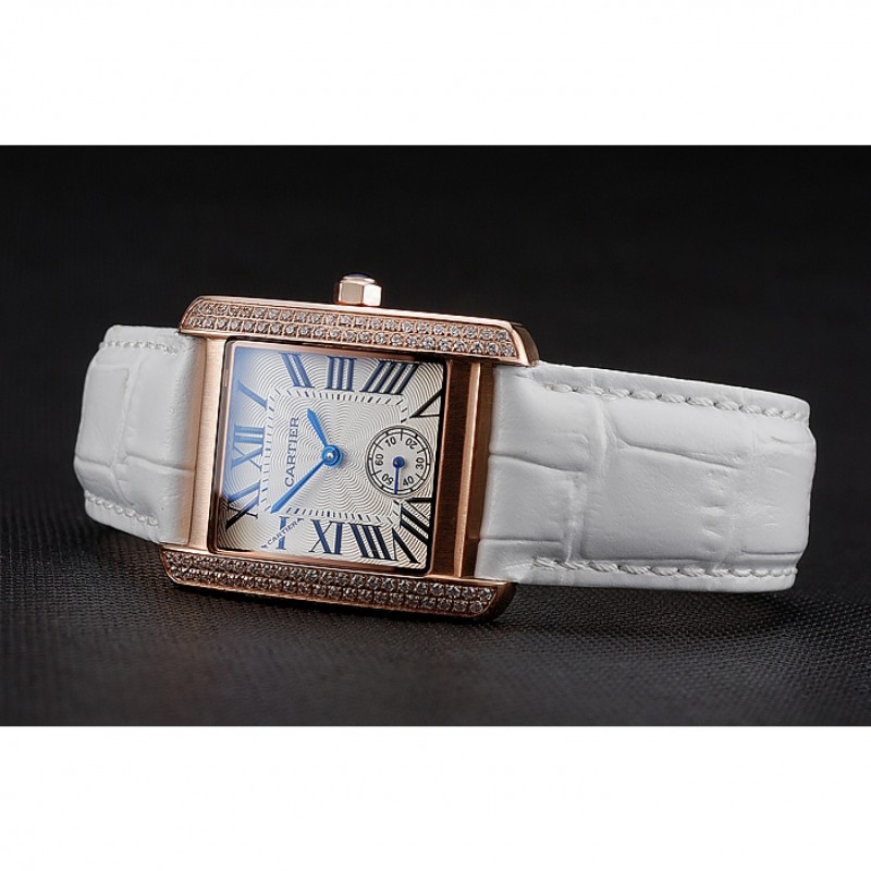 Cartier Tank MC Gold Diamond Case White Dial White Leather Strap 622169-4