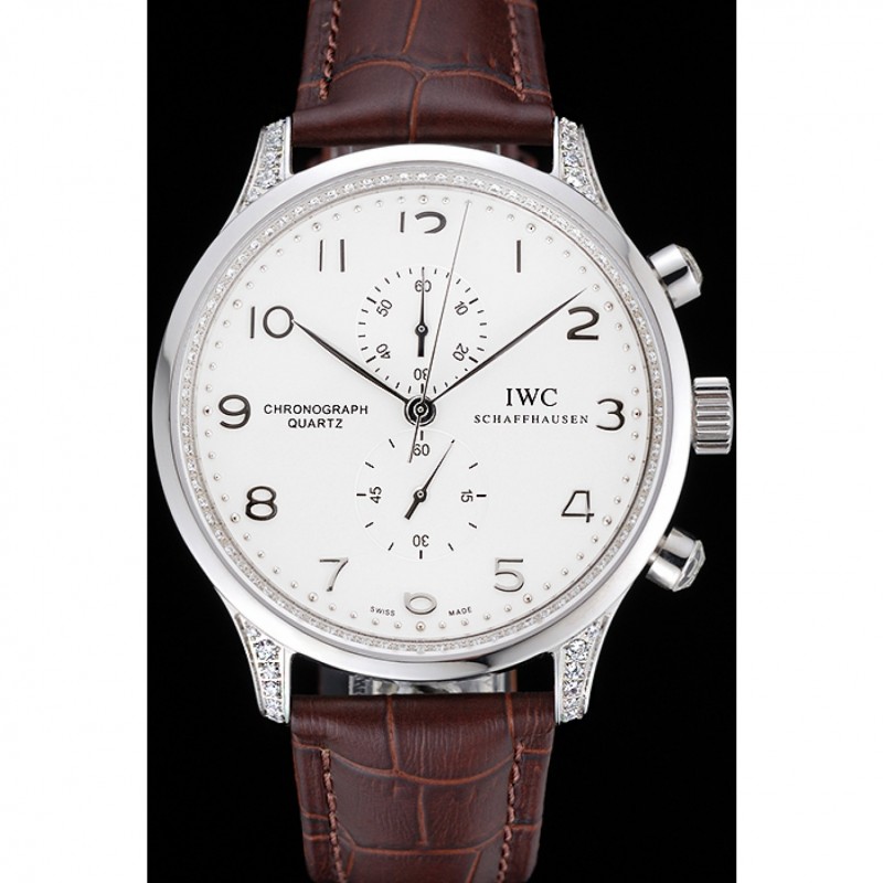Luxury Replica Watches IWC Portugieser Chronograph White Dial Steel Hands And Numerals Steel Case With Diamonds Brown Leather Strap-1
