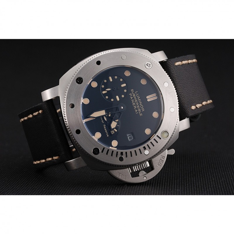 Panerai Luminor Submersible Black Dial Stainless Steel Case Black Leather Strap-4