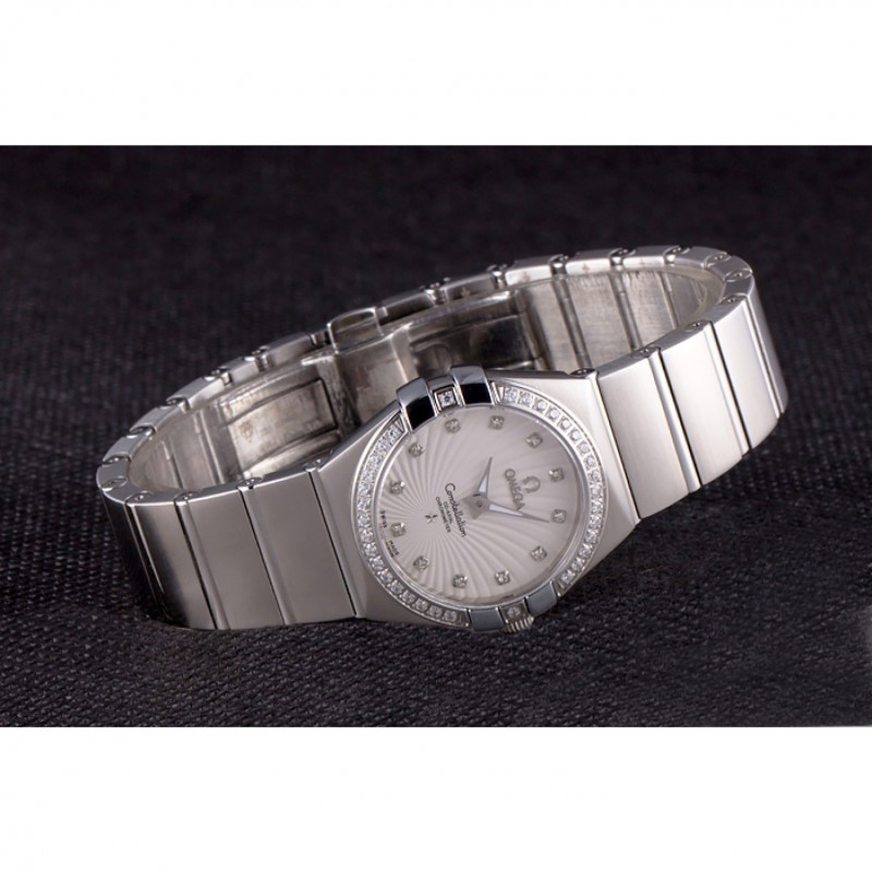 AAA Swiss Lady Omega Constellation Crystal Encrusted Bezel Silver Radial Dial 80291-3