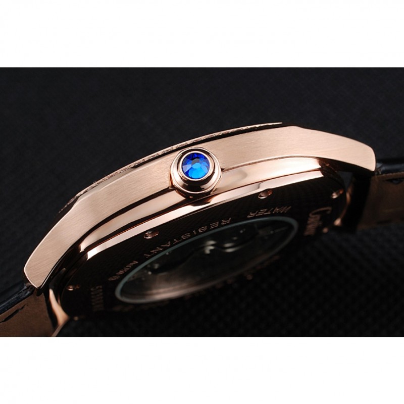 Cartier Drive De Cartier Black Dial Gold Diamond Case Black Leather Bracelet 1454217-8