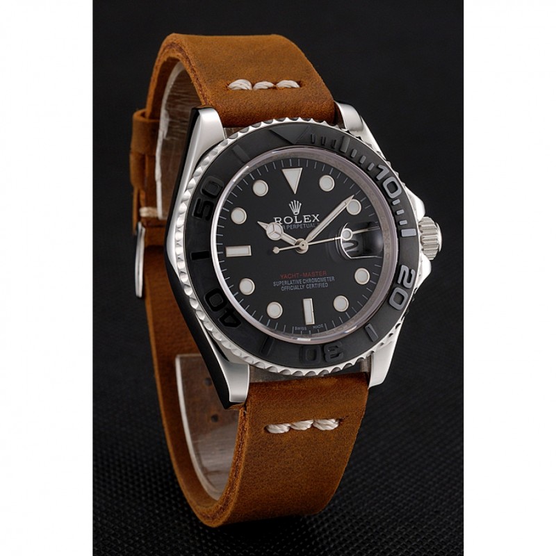 Rolex Yacht Master Black Dial Silver Case Brown Leather Bracelet 1453859-1