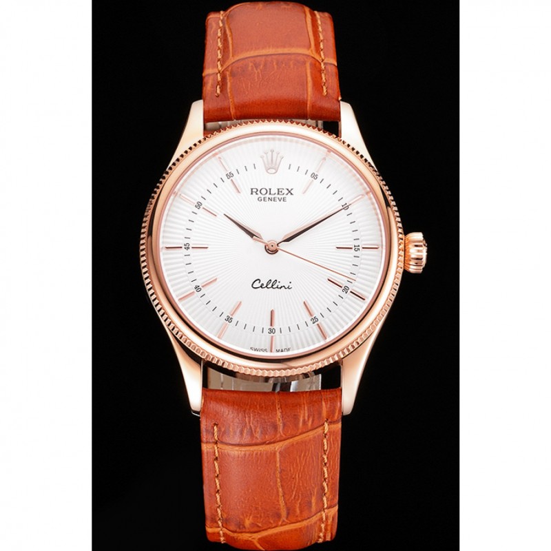 Swiss Rolex Cellini White Dial Rose Gold Case Brown Leather Strap-1