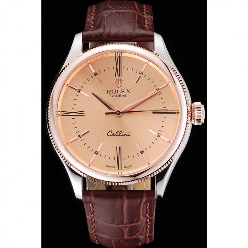 Rolex Cellini Gold Dial And Bezel Stainless Steel Case Brown Leather Strap 622840-1