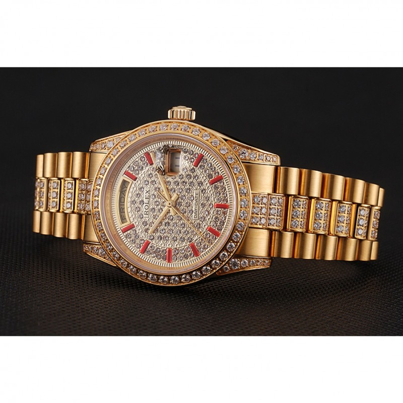 Swiss Rolex Day-Date Red Diamond Pave Dial Gold Diamond Bracelet 1453960-2