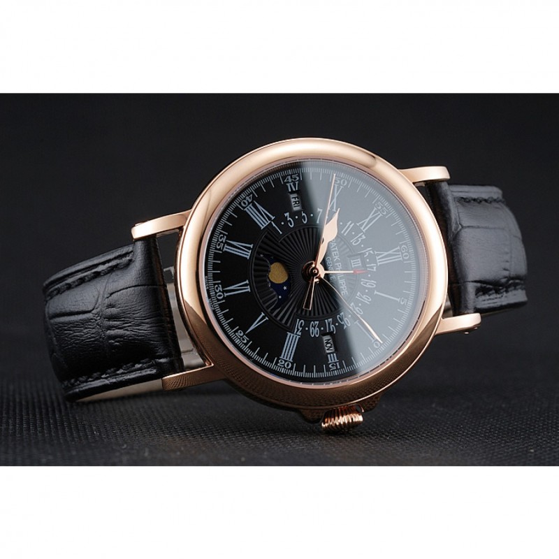 Patek Philippe Perpetual Calendar Retrograde Date Black Dial Rose Gold Case Black Leather Bracelet 1454150-4