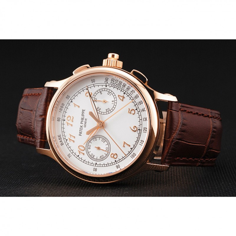Swiss Patek Philippe Split Seconds Chronograph White Dial Rose Gold Case Brown Leather Strap-3