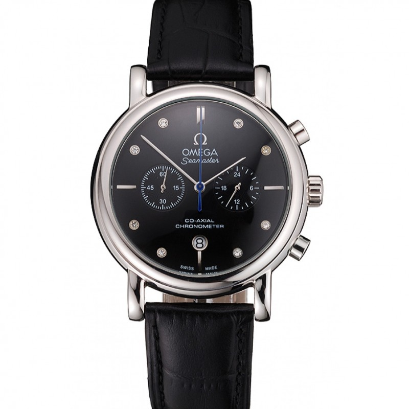 High Quality Omega Seamaster Vintage Chronograph Black Dial Diamond Hour Marks Stainless Steel Case Black Leather Strap-0
