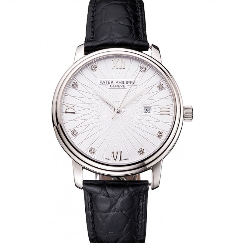 High End Patek Philippe Calatrava Date White Embossed Dial Stainless Steel Case Black Leather Strap-0