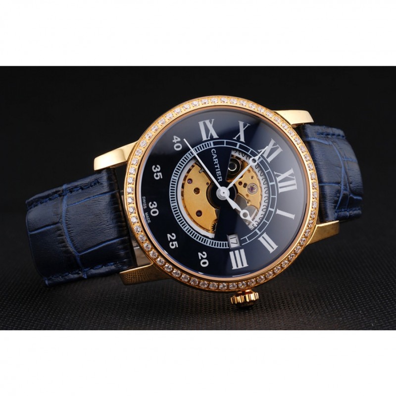 Swiss Cartier Rotonde Small Complication Blue Dial Gold Diamond Case Blue Leather Strap-4