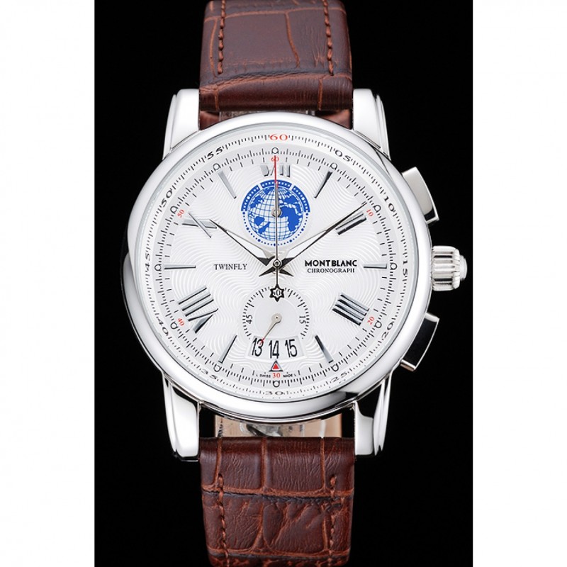 Cheap Replica Watches Montblanc Twinfly Chronograph White Dial Brown Leather Bracelet 1454117-1