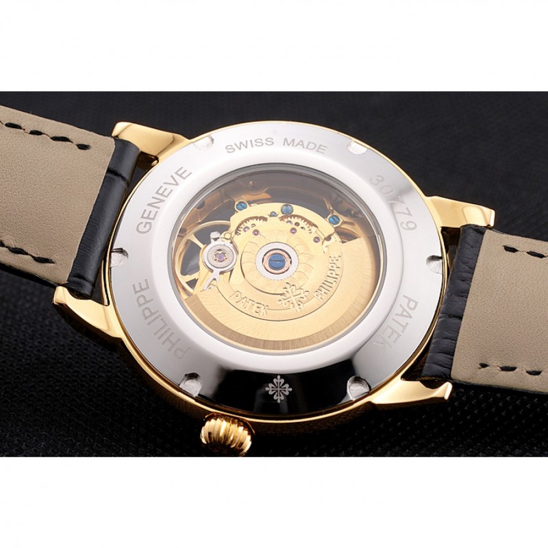 Swiss Patek Philippe Complications Openworked Dial Gold Case Black Leather Strap-7