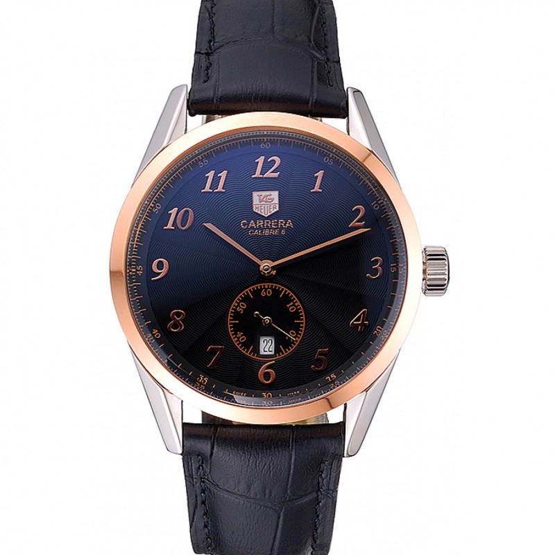 Tag Heuer Carerra Calibre 6 Black Dial Rose Gold Black Leather Band 622163-0
