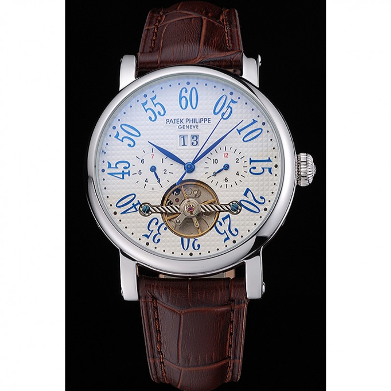 Patek Philippe Grand Complications Stainless Steel Case White Dial Roman Numerals Brown Leather Bracelet 622257-1