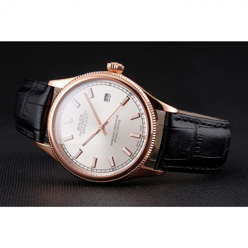 High Quality Swiss Rolex Datejust White Dial Rose Gold Case Black Leather Strap-3