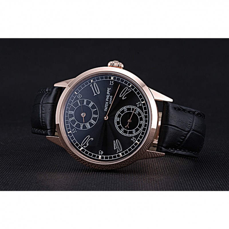 AAA Patek Philippe Geneve Two Dial Black Dial Rose Gold Bezel Black Leather Band 622146-4