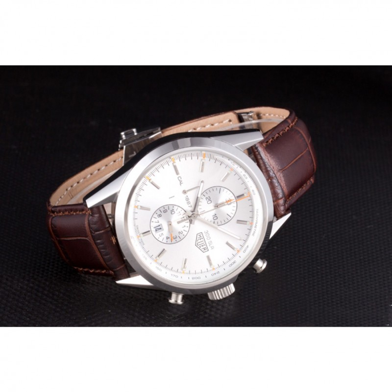 Tag Heuer SLR Brushed Stainless Steel Case Silver Dial Brown Leather Strap-3
