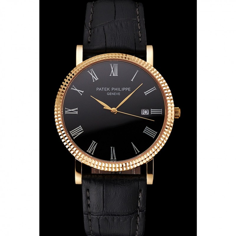 Patek Philippe Calatrava Black Dial Roman Numerals Ribbed Bezel Gold Case Black Leather Strap-1