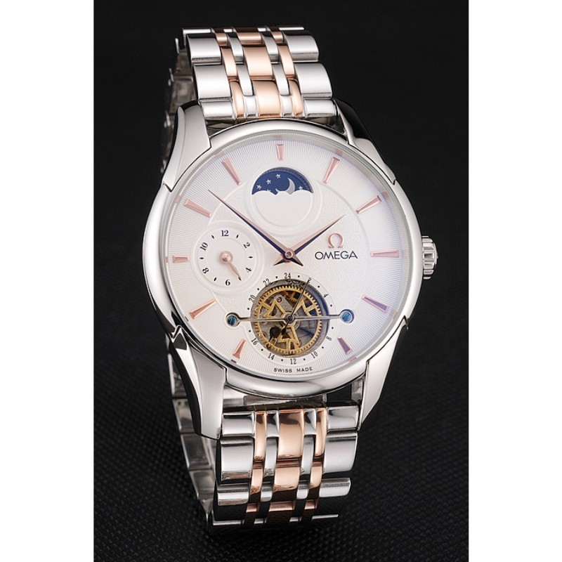 Omega De Ville Moonphase Tourbillon White Dial Stainless Steel Case Two Tone Steel Rose Gold Bracelet-2