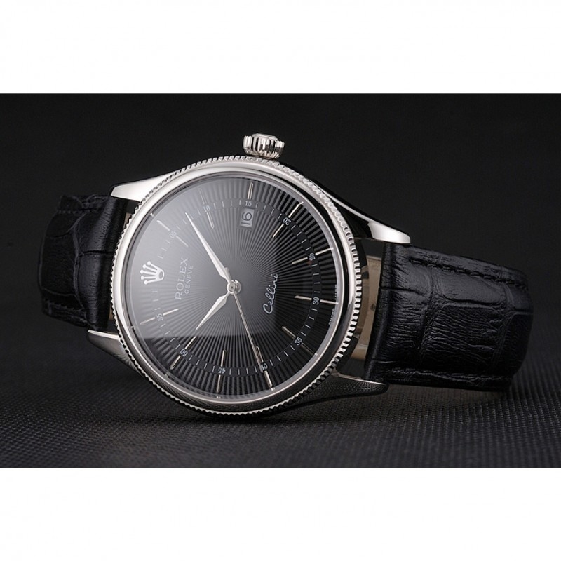 Luxury Replica Watches Swiss Rolex Cellini Date Black Dial Stainless Steel Case Black Leather Strap-4
