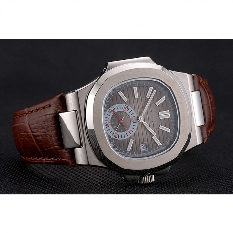 High Quality Patek Philippe Nautilus Gray Dial Stainless Steel Case Brown Leather Strap-3