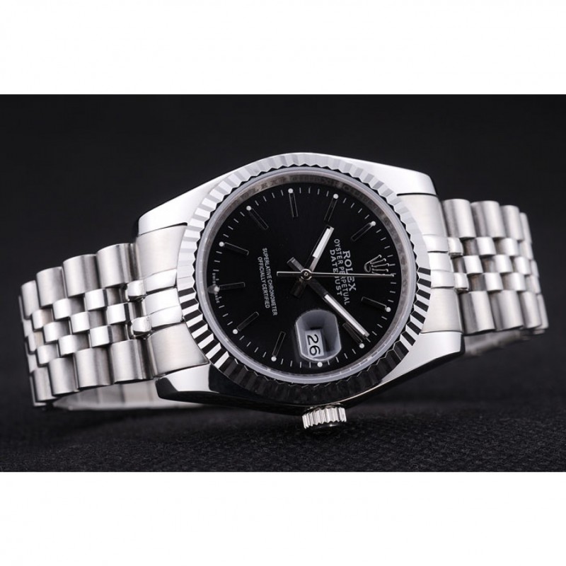 SS Replica Watches Rolex Datejust Black Dial Diamonds Ribbed Bezel 7456-3