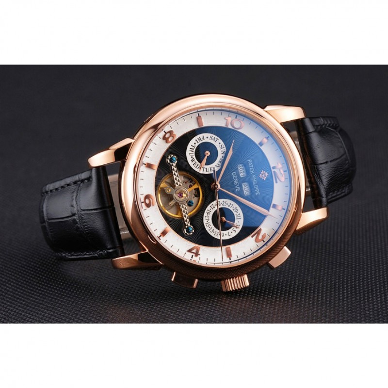 Patek Philippe Perpetual Calendar Tourbillon Black And White Dial Rose Gold Case Black Leather Strap-3