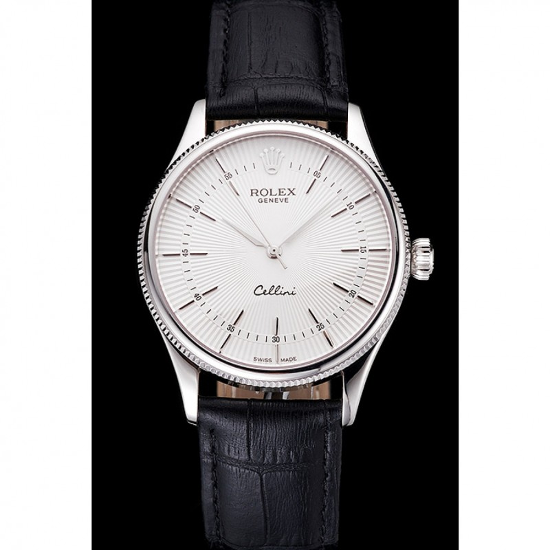 Swiss Rolex Cellini White Guilloche Dial Stainless Steel Case Black Leather Strap-1