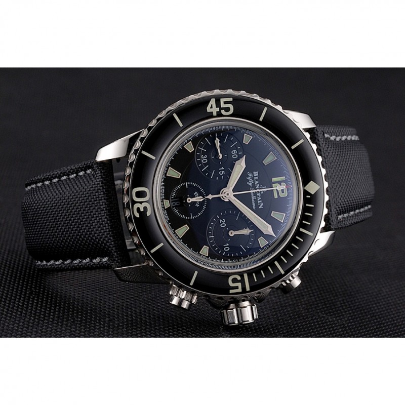 Cheap Replica Watches Swiss Blancpain Fifty Fathoms Flyback Chronograph Black Dial Black Bezel Stainless Steel Case Black Canvas Strap-3