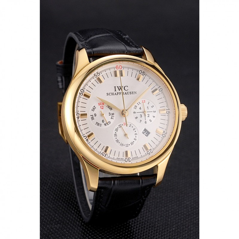 Luxury Replica Watches Swiss IWC Portugieser Perpetual Calendar White Dial Gold Case Black Leather Strap-2