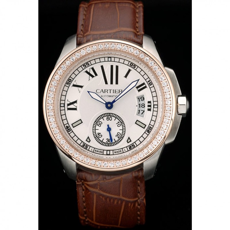 Cartier Calibre White Dial Diamonds Two Tone Case Brown Leather Bracelet-1