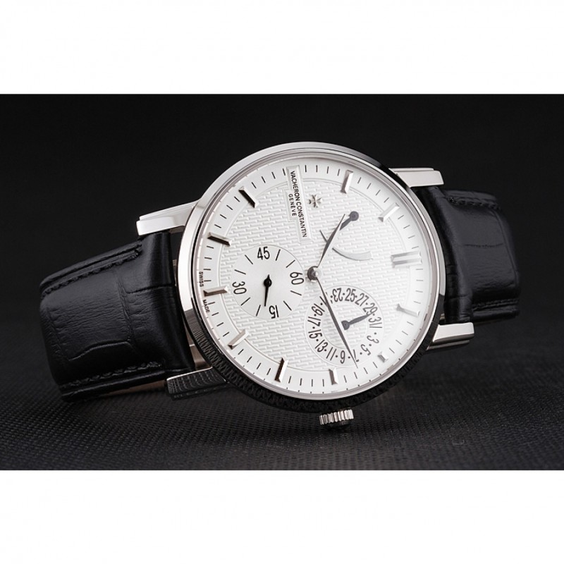 Swiss Vacheron Constantin Patrimony Quantieme Reserve De Marche Cream Dial Stainless Steel Case Black Leather Strap-4