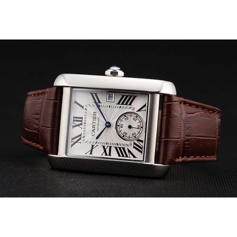 Swiss Cartier Tank MC White Dial Stainless Steel Case Brown Leather Strap-3