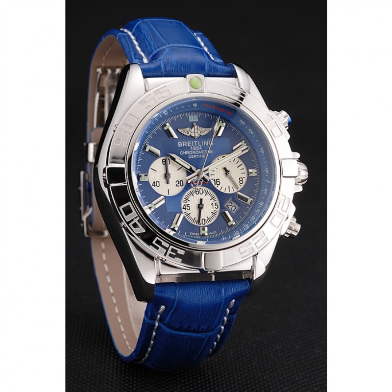 High End Breitling Chronomat Patrouille De France Blue Dial Stainless Steel Case Blue Leather Strap-2