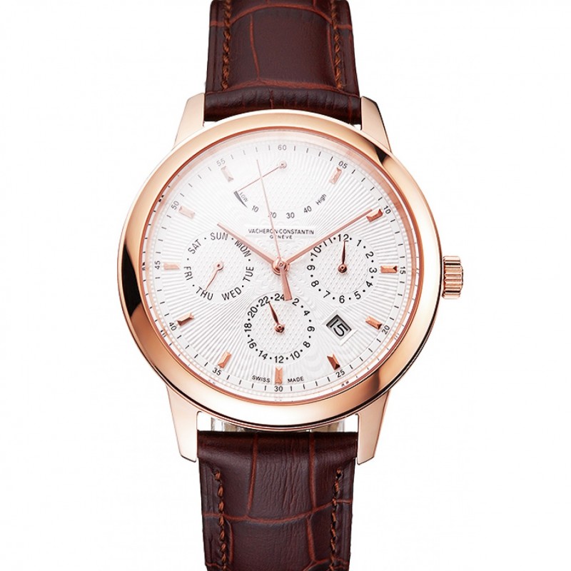 Swiss Vacheron Constantin Traditionnelle Power Reserve White Dial Rose Gold Case Brown Leather Strap-0