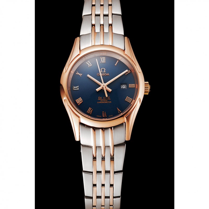 Omega De Ville Ladies Blue Dial Rose Gold Case Two Tone Bracelet 1453784-1